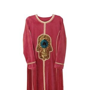 Pink Caftan Hamsa Evil Eye Women's XL Gown Dress Boho Robe Lounging